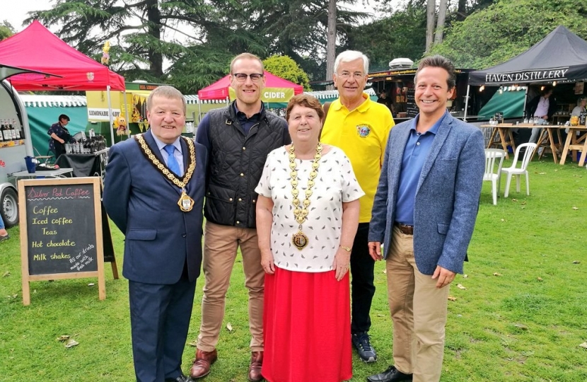 Nigel Huddleston MP with local dignitaries and GBBO finalist Steven Carter-Bailey at Droitwich Spa Food and Drink Festival