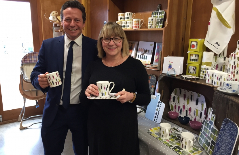 Nigel Huddleston MP at Ellenden Farm with local ceramics designer Sara Page