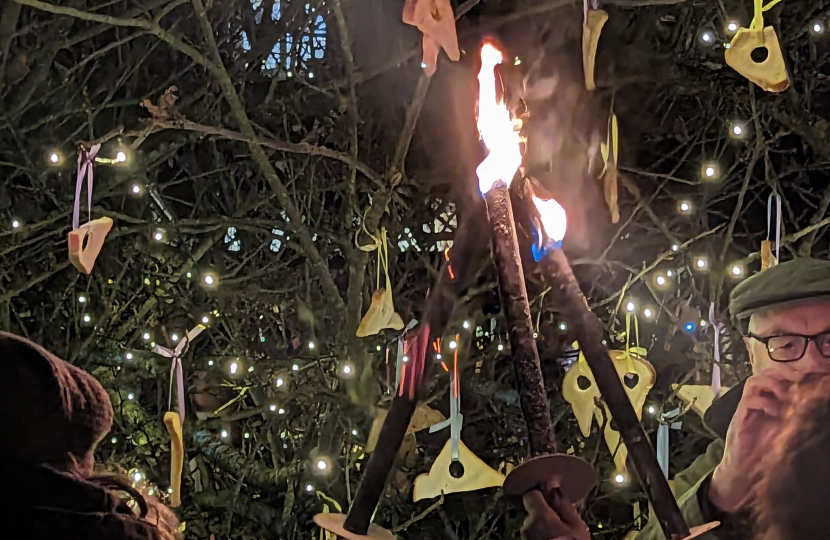 A memorable evening with cider, singing, dancing - and, of course, hanging toast on the tree - at the Wassail at The Fleece Inn, Bretforton.