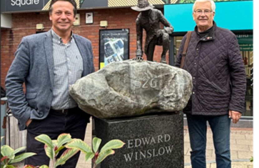 Nigel and Patrick with Edward Winslow Statue