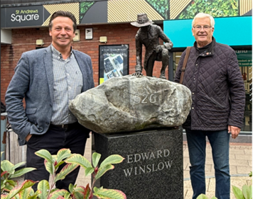 Nigel and Patrick with Edward Winslow Statue